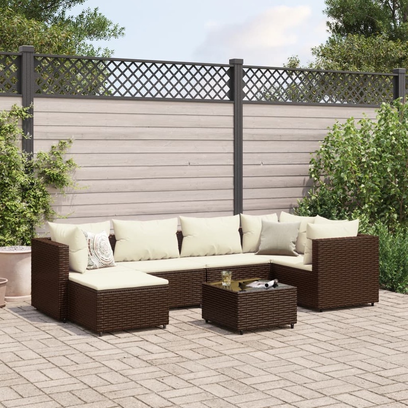 7-tlg. Garten-Lounge-Set mit Kissen Braun Poly Rattan JK661942983310
